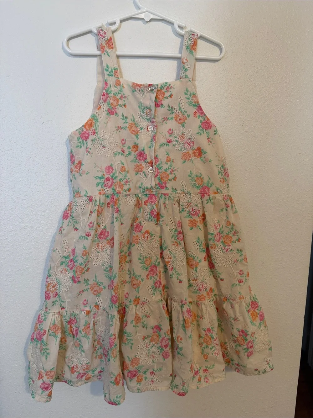 btween Cream Floral Tiered Dress with Pink & Orange Blooms